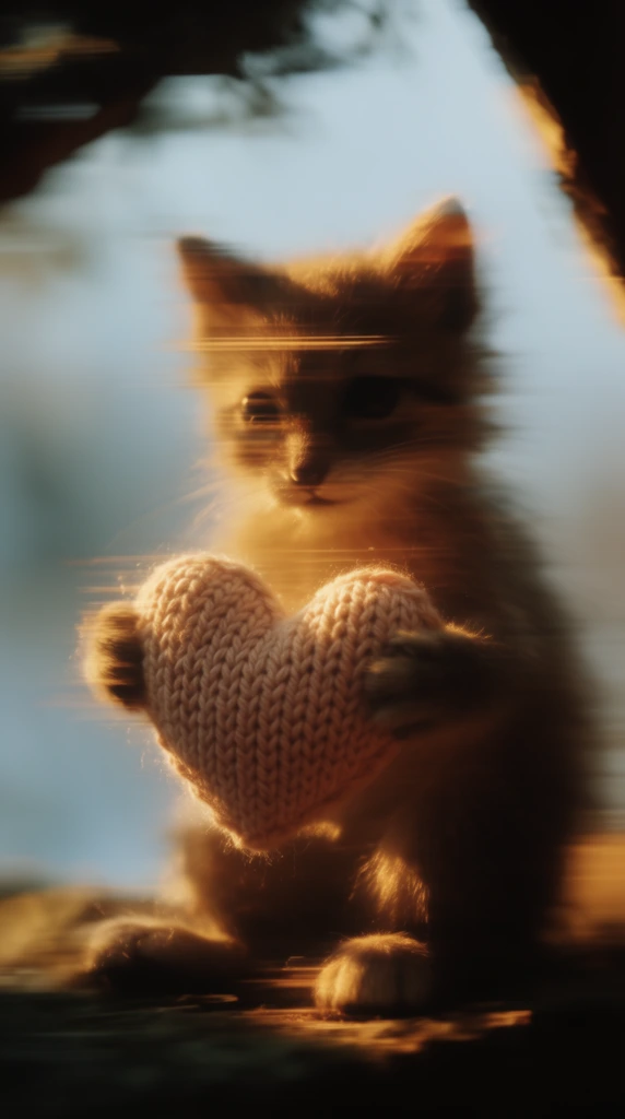 A sitting furry animal holds a knitted heart in its paws, captured with a heavy, intentional horizontal motion blur that smears the textures of the fur and yarn across the frame. Dark, out-of-focus corner elements frame the central animal, stretched and distorted by the same severe shutter drag effect. Warm, high-contrast directional golden hour sunlight heavily illuminates the animal and the heart, producing glowing amber highlights and deep, rich shadows along the right side of the subject. The background is a completely diffused, shallow-depth-of-field expanse of light blue and muted gray. The entire composition exhibits a highly expressive, cinematic editorial photography aesthetic defined by extreme camera shake, horizontal light trails pulling from the highlights, and a stark contrast between the sunlit subject and the soft, cool-toned background.