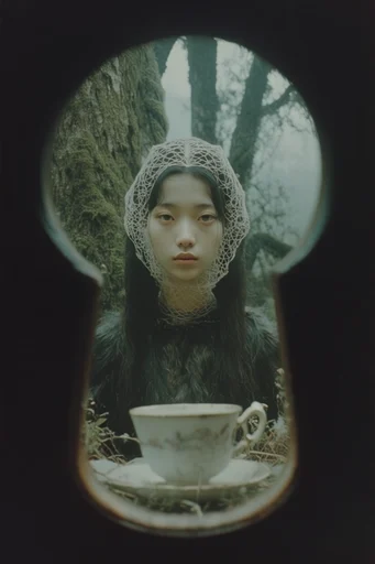 Geometric Voyeuristic Surrealism style reference image — textured paper grain