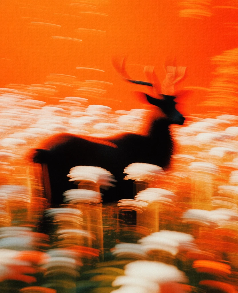 abstract intentional camera movement long exposure of a clothed animal with antlers standing among tall flowers, high-contrast silhouettes, saturated palette of vibrant cadmium orange and pitch black, aggressive horizontal motion streaks, luminous cream-white light trails, ethereal glowing atmosphere, heavy cinematic film grain, visceral kinetic energy, soft-focus textures blending the subject and flora into a visceral smear of light and dark negative space