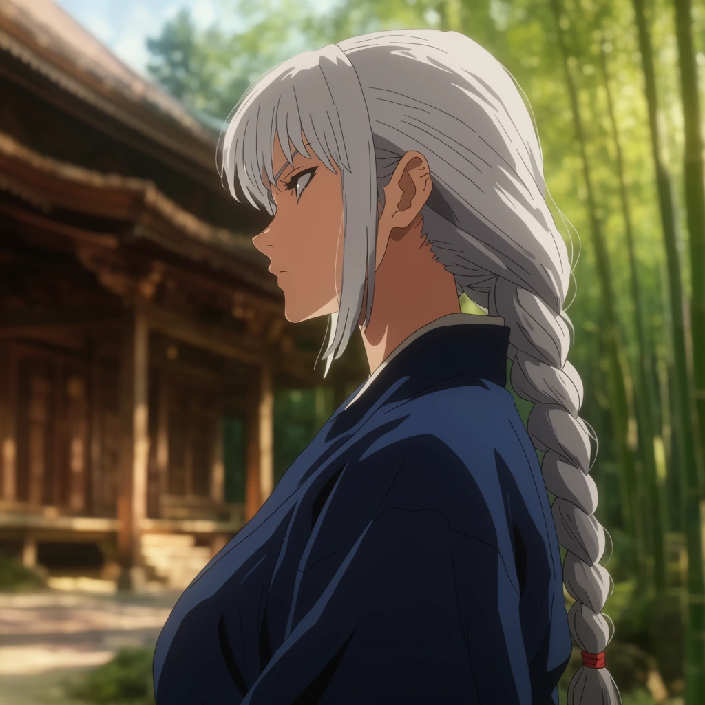 Anime-style profile of a female warrior with long braided silver hair and a dark blue gi gazing left. She stands before a softly blurred wooden temple courtyard and lush bamboo. Warm cinematic sunlight creates a shallow depth of field.