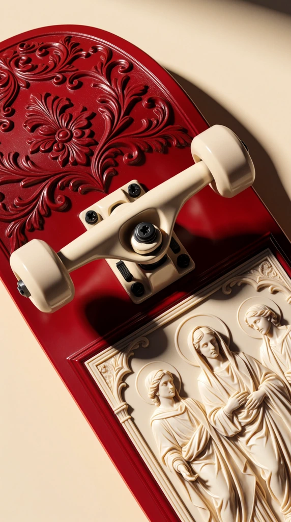 A deep crimson red skateboard deck underside featuring elaborate three-dimensional bas-relief carvings. The top left corner displays raised floral damask patterns seamlessly integrated into the glossy red surface. A cream-colored metal skateboard truck with matching smooth wheels and black mounting hardware is bolted diagonally across the board. Below the truck, an inset cream-colored rectangular panel showcases a classical sculptural relief of three robed figures with halos and deeply draped garments. Warm, directional studio lighting casts sharp drop shadows against a pale beige background, highlighting the ornate tactile depth and crisp sculptural textures of the stylized board.