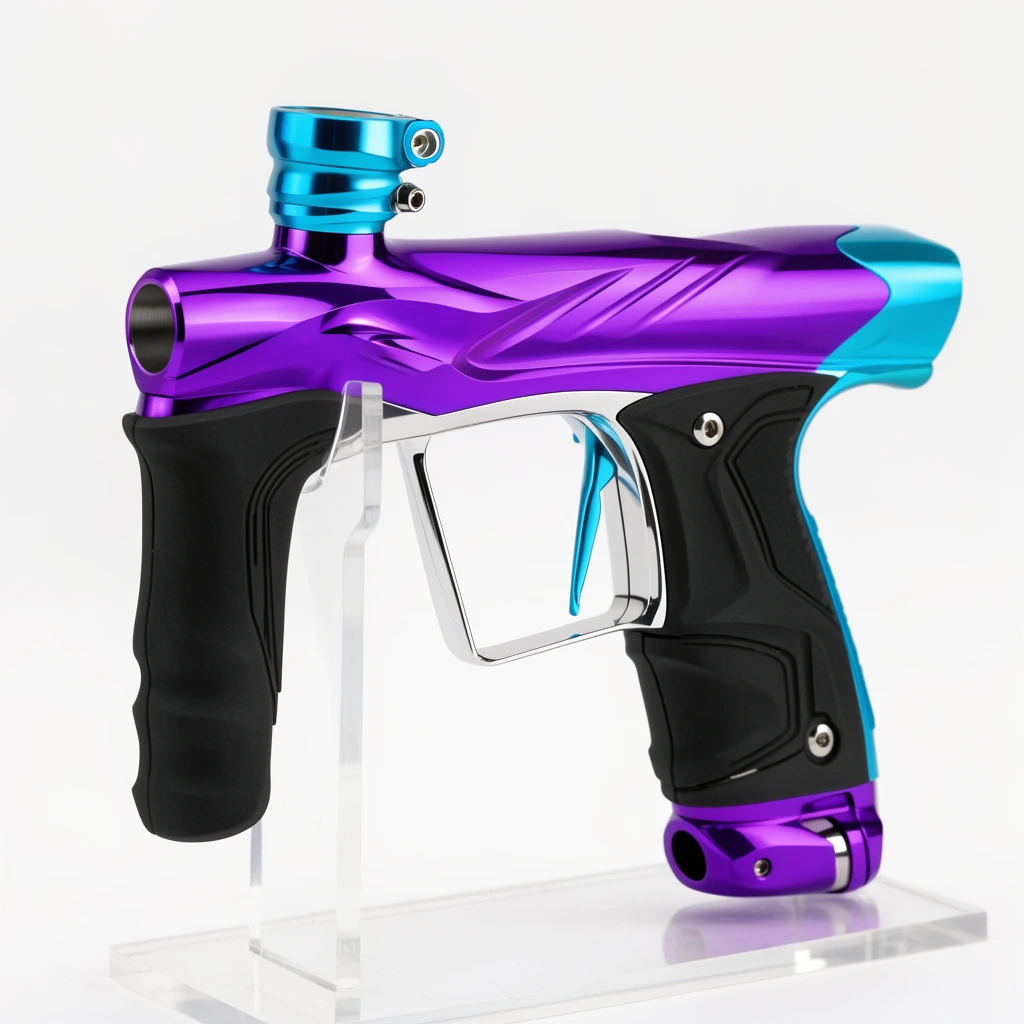 A modern paintball marker on a transparent acrylic stand against a white studio background. The marker features a pristine, high-gloss purple anodized aluminum body with mirror-like silver hardware. Bright cyan accents highlight the feedneck and rear casing. Matte black rubber grips provide contrast. Bright, even lighting emphasizes the polished surfaces.