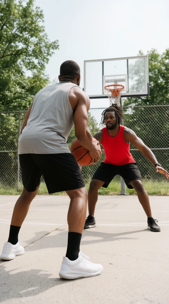 Two men play basketball on an outdoor concrete court on a bright, sunny day. The camera angle is low, looking up at the players. In the foreground, a muscular man with his back to the viewer wears a grey tank top, black shorts, black socks, and white sneakers, holding a basketball near his right hip. He faces his opponent, a man with dreadlocks wearing a bright red tank top, black shorts, and black sneakers, who is in a low defensive stance with his arms outstretched. Behind them is a basketball hoop with a clear backboard and an orange rim, surrounded by a chain-link fence and lush green trees under a pale sky.