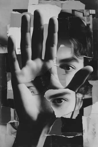 Deconstructed Monochrome Collage style reference image — deconstructed portrait collage