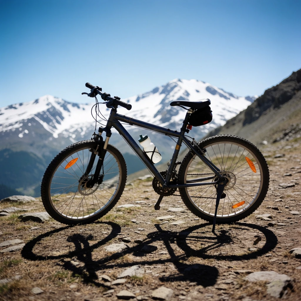 A dark mountain bike rests on rocky alpine terrain, supported by a kickstand. It features knobby tires, orange reflectors, a frame-mounted water bottle, and a saddlebag. The bike casts a sharp shadow on the dry, stony ground. Snow-capped mountains dominate the background beneath a bright blue sky, illuminated by harsh midday sunlight.