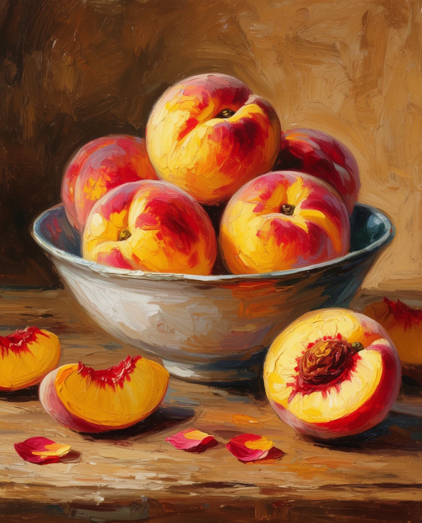 bowl of vibrant yellow and red peaches on a wooden table, scattered fruit slices and petals, thick impasto oil painting, expressive brushstrokes, warm lighting, earthy background