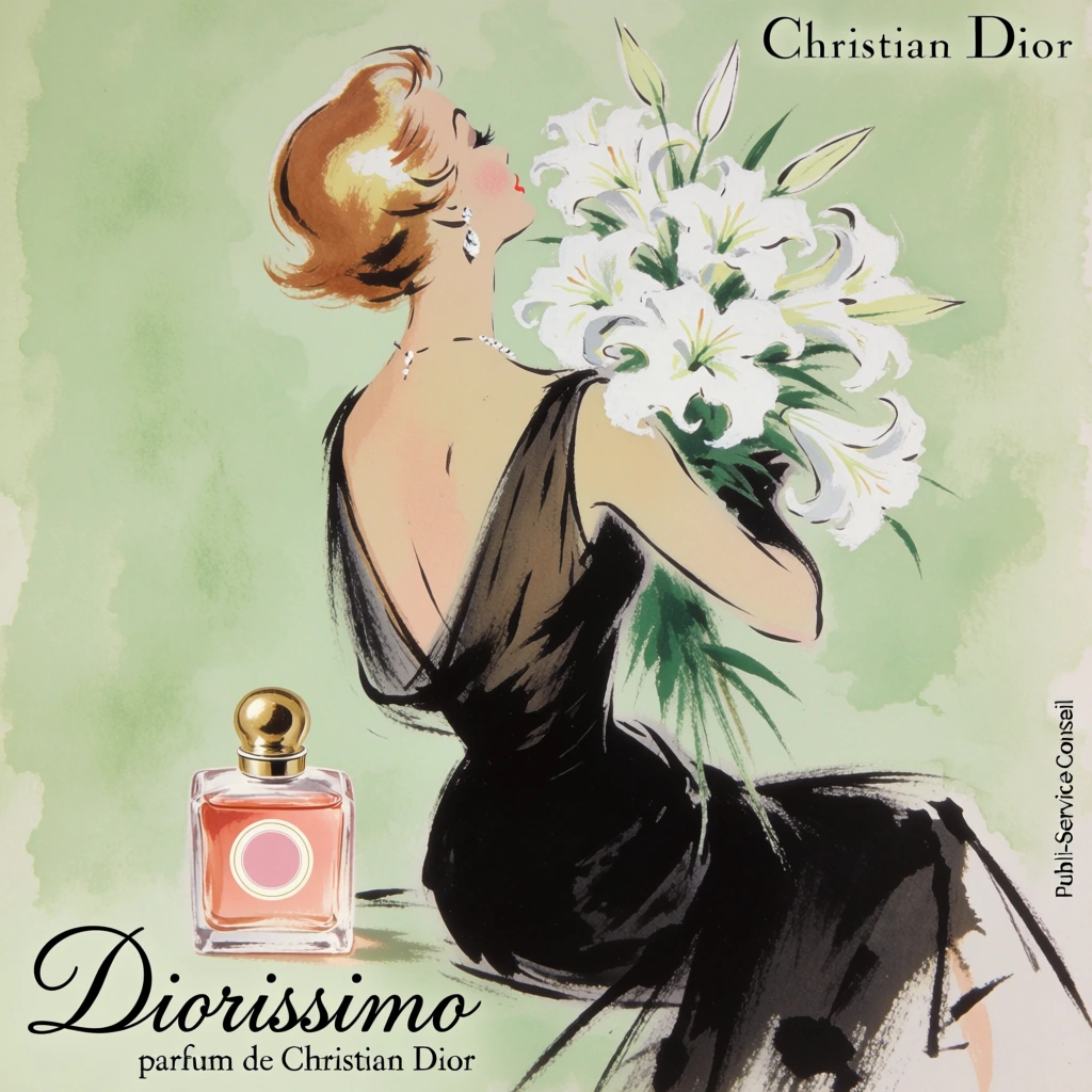A vintage-style fashion illustration for Diorissimo perfume depicts a woman in a black dress with her back turned, holding a large bouquet of white lilies against a pale green background. The central figure is a woman with short, wavy, reddish-blonde hair shown from a rear three-quarter view, her head tilted back toward a massive bunch of white flowers held in her arms. She wears a sleeveless, low-backed black gown with a draped, sheer texture that reveals her upper back and shoulders. A delicate earring and a thin necklace are visible on her form. In the bottom left foreground sits a square glass perfume bottle with a round gold cap, containing a pinkish-amber liquid and featuring a circular pink label with a white border. The entire scene is set against a textured, light sage green background that resembles a watercolor wash. In the top right corner, the text "Christian Dior" is written in a black serif font. At the bottom left, the word "Diorissimo" is written in a large, elegant black cursive script, and below it, the phrase "parfum de Christian Dior" is printed in a smaller black serif font. Along the lower right edge, small vertical black text reads "Publi-Service Conseil". The artistic style is a mid-century fashion illustration characterized by fluid, expressive brushstrokes and a soft, painterly aesthetic with soft, diffused lighting and a palette of muted green, deep black, and bright white.