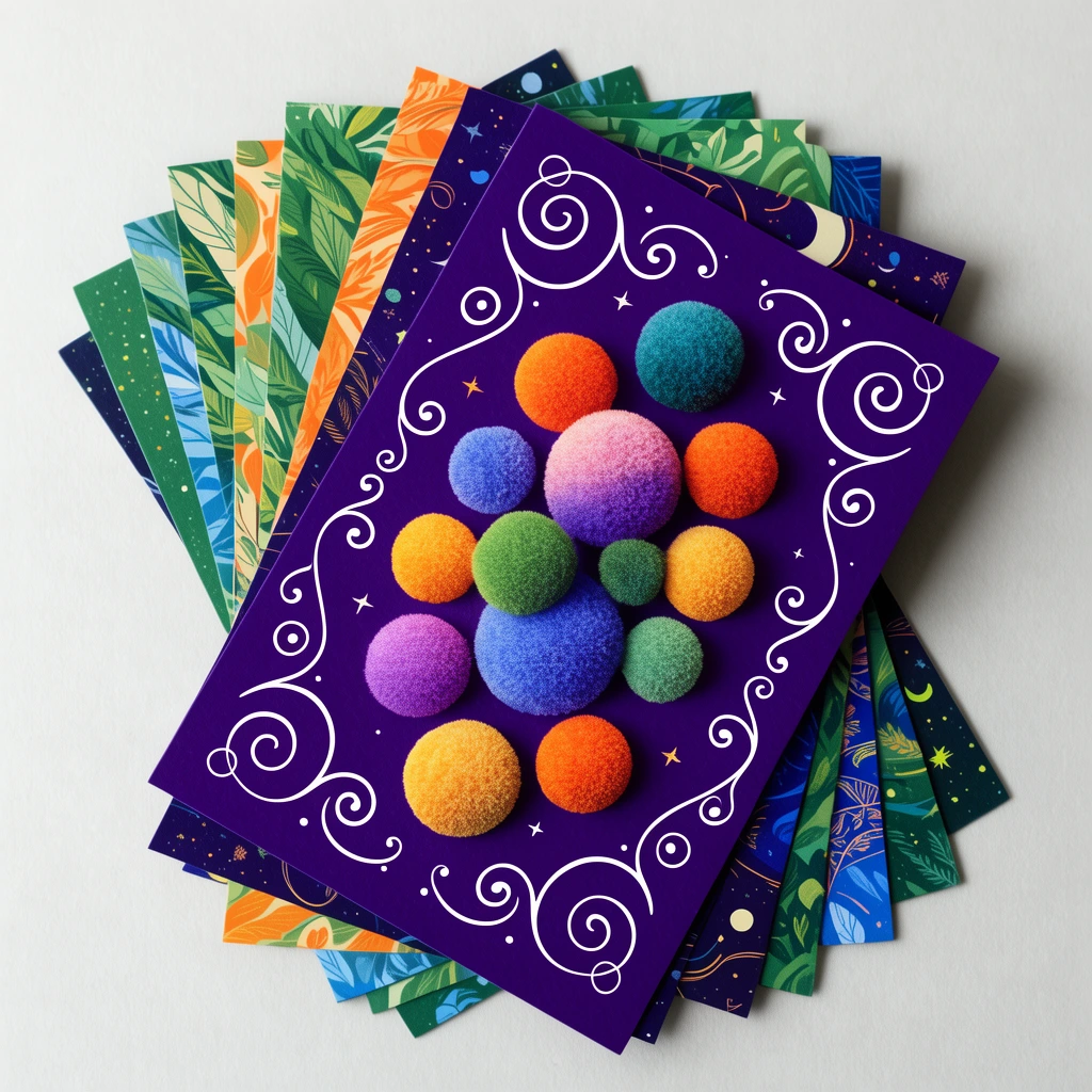 A top-down flat lay of stacked rectangular cards on a light grey surface. The top deep purple card features textured colorful spheres and white ornamental swirls. Cards fanned underneath display vibrant botanical and celestial patterns in green, orange, and blue under soft lighting.