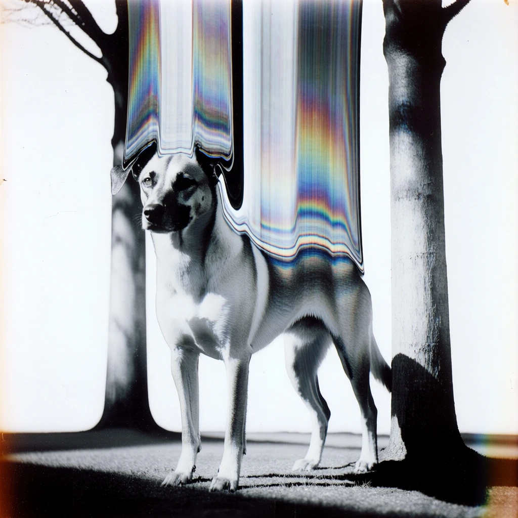 experimental photography of a dog standing between two trees, extreme vertical slit-scan distortion stretching the subject into elongated pillars, iridescent rainbow light leaks and chromatic aberration within the stretched bands, high-contrast monochrome base with vivid spectral highlights, minimalist stark white background, harsh direct lighting, grainy analog film texture, centered composition, surreal avant-garde aesthetic, melting vertical pixel stretch.