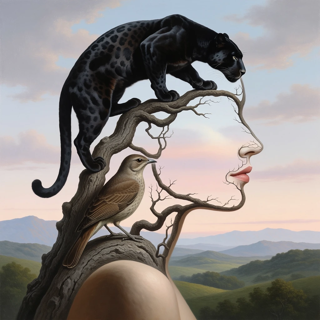 A surrealistic optical illusion painting where wildlife and landscape elements intricately combine to form a prominent profile of a woman's face. A muscular black panther crouches on a gnarled tree trunk, its arched back and hanging tail shaping the woman's forehead and the back of her head. Below, a perched brown bird defines her jawline and neck. Twisted bare branches explicitly trace the delicate contours of a nose, mouth, and chin. The negative space of a soft pastel sky in pale blues and pinks forms her smooth cheek and eye socket. A smooth, rounded foreground rock curves upward, acting as the woman's shoulder. The serene backdrop features rolling green hills and distant hazy blue mountains under gentle, diffused twilight lighting.