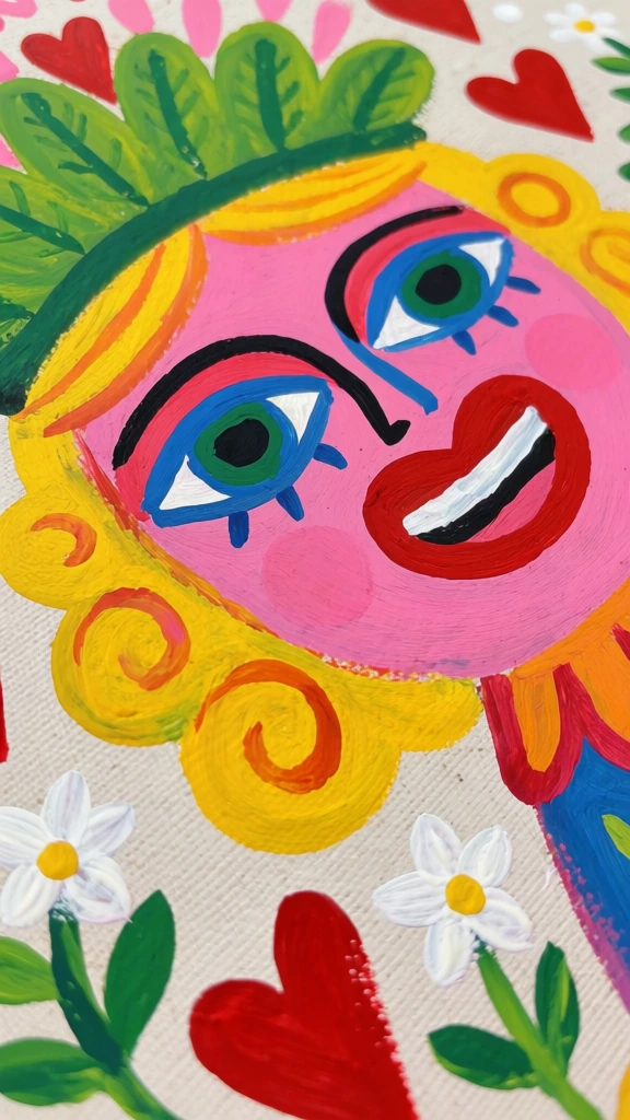 whimsical colorful folk figure with hearts and flowers, gouache painting, playful naive vibrant vibe