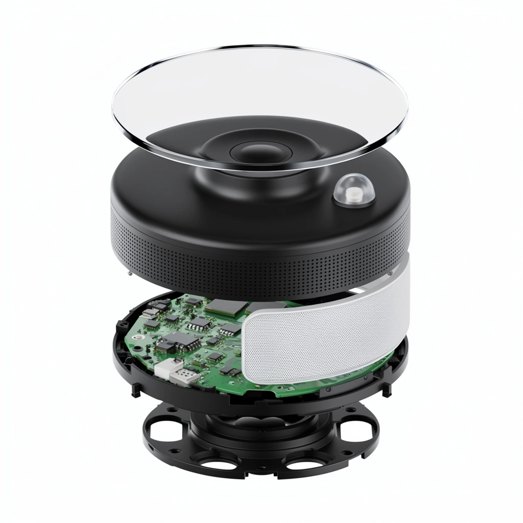 An exploded-view 3D product render of a cylindrical electronic device suspended in mid-air against a pure white background. The assembly separates into vertically stacked, floating layers. The uppermost layer is a clear, reflective circular glass disc, followed by a matte black cap housing a central raised node and a small translucent dome sensor. Below is a thick black cylindrical casing featuring a fine perforated grille. The expanded interior reveals a vibrant green printed circuit board populated with tiny microchips, positioned beside a prominent curved white mesh speaker element. The foundation consists of nested black mounting brackets with circular cutouts. Crisp, even studio lighting highlights the precise mechanical engineering, contrasting the glossy glass reflections against the matte black plastics and complex internal electronics.