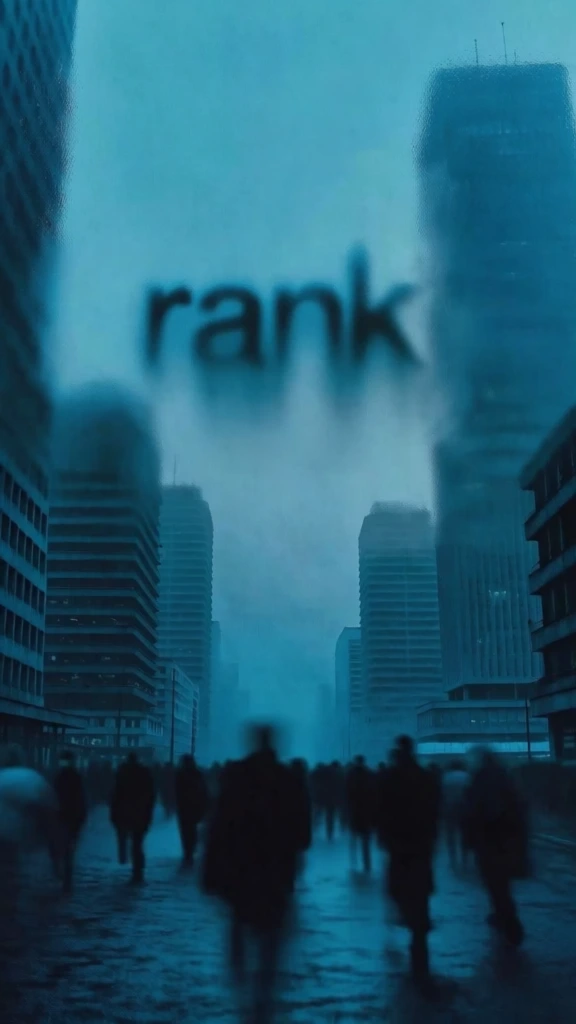 monochromatic cyan and deep teal color palette, dense crowded city street with blurred silhouetted figures, towering brutalist skyscrapers shrouded in thick atmospheric haze, the word 'rank' suspended in the sky as a diffused glowing apparition, heavy frosted glass distortion effect over the upper half of the frame, soft focus, high-grain 35mm film aesthetic, low-contrast shadows, ethereal and surrealist mood, centered symmetrical composition, cinematic urban gloom.