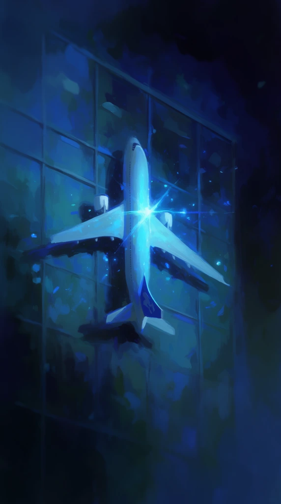 A model airplane attached to a glass building facade, rendered as an expressive, atmospheric digital painting in a deeply monochromatic blue color palette. The model airplane serves as the central focal point, illuminated by an intense, ethereal cyan glow that culminates in a sharp, stylized starburst flare radiating from its surface. Scattered, luminous blue motes and energetic strokes of glowing light float delicately around the aircraft's structure. The glass building facade acts as the backdrop, its surface depicted with thick, loose, impressionistic brushstrokes in shades of dark indigo, teal, and midnight blue. Heavy chiaroscuro lighting creates a dramatic contrast, with the radiant central light source quickly dropping off into deep, abstract, inky shadows that heavily vignette and consume the edges of the composition. The painterly rendering technique features soft blending, dynamic textural marks, and a strong ethereal quality, establishing a mysterious, cinematic, and nocturnal aesthetic.