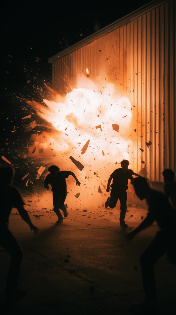 A massive white and orange explosion erupts against a corrugated metal building at night, blasting shattered debris and smoke outward. Silhouetted figures scatter across the concrete, with two running frantically in the midground while others brace in the dark foreground. The intense fiery glow fiercely illuminates the grooved metal wall, casting stark shadows from the people caught in the cinematic destruction.