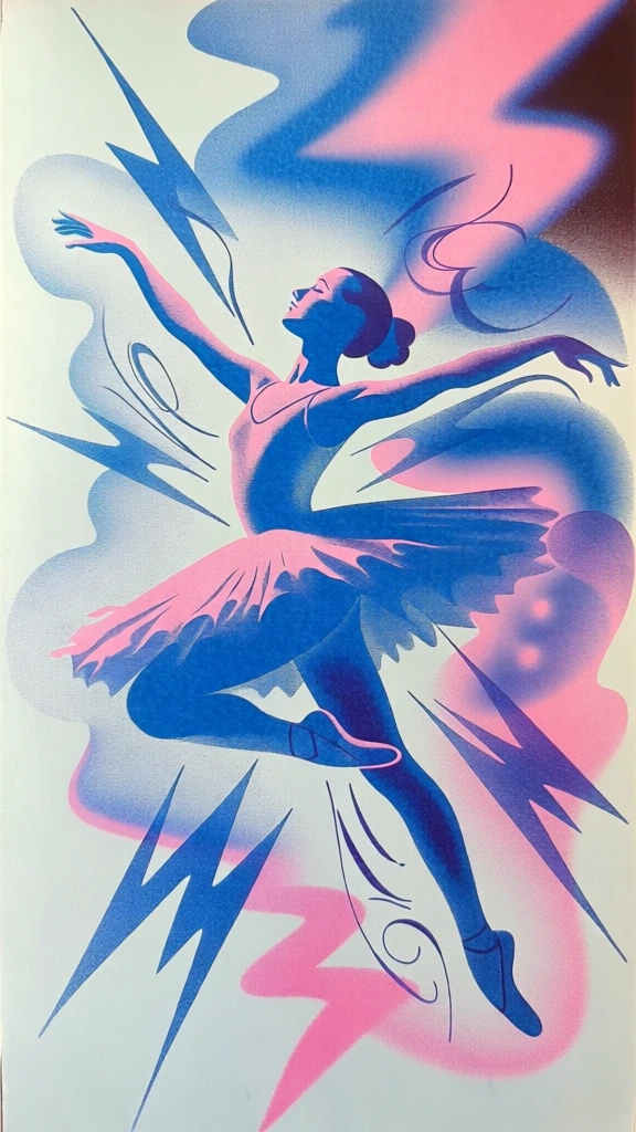 a single female dancer in a tutu leaping with arms extended outward centrally, surrounded by radiating lightning bolts, rendered in a dense stochastic stippling risograph aesthetic, vibrant cobalt blue and bubblegum pink split-fountain gradients, sharp calligraphic line work with needle-point tapered ends, soft-focus airbrushed textures, overlapping translucent layers, high-contrast graphic surrealism, clean off-white negative space, ethereal retro-futurist atmosphere
