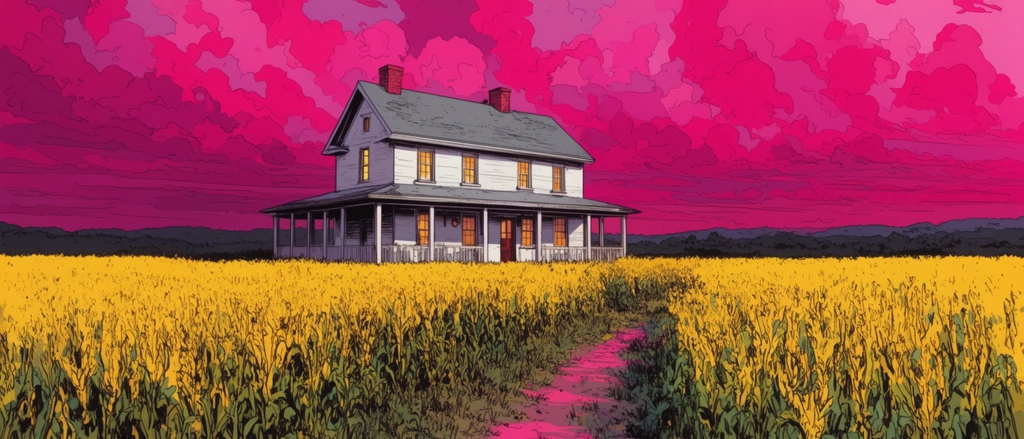 A two-story white farmhouse with a gray gabled roof and a wrap-around porch stands isolated in a vast field of vibrant yellow crops. The house features warmly lit windows and two red brick chimneys. A narrow dirt path, tinged with pink light, cuts through the foreground of tall, dense yellow foliage leading towards the house. The sky above is filled with dramatic, voluminous clouds rendered in striking shades of magenta and deep pink. In the background, a dark, low-lying horizon line suggests a distant tree line or rolling hills. The artwork has a bold, graphic comic book illustration style with strong black outlines and flat, highly saturated colors, creating a surreal and vivid atmosphere.