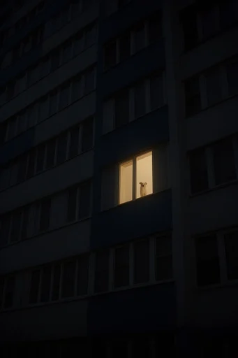 Monolithic Nocturnal Brutalism style reference image — warm window glow