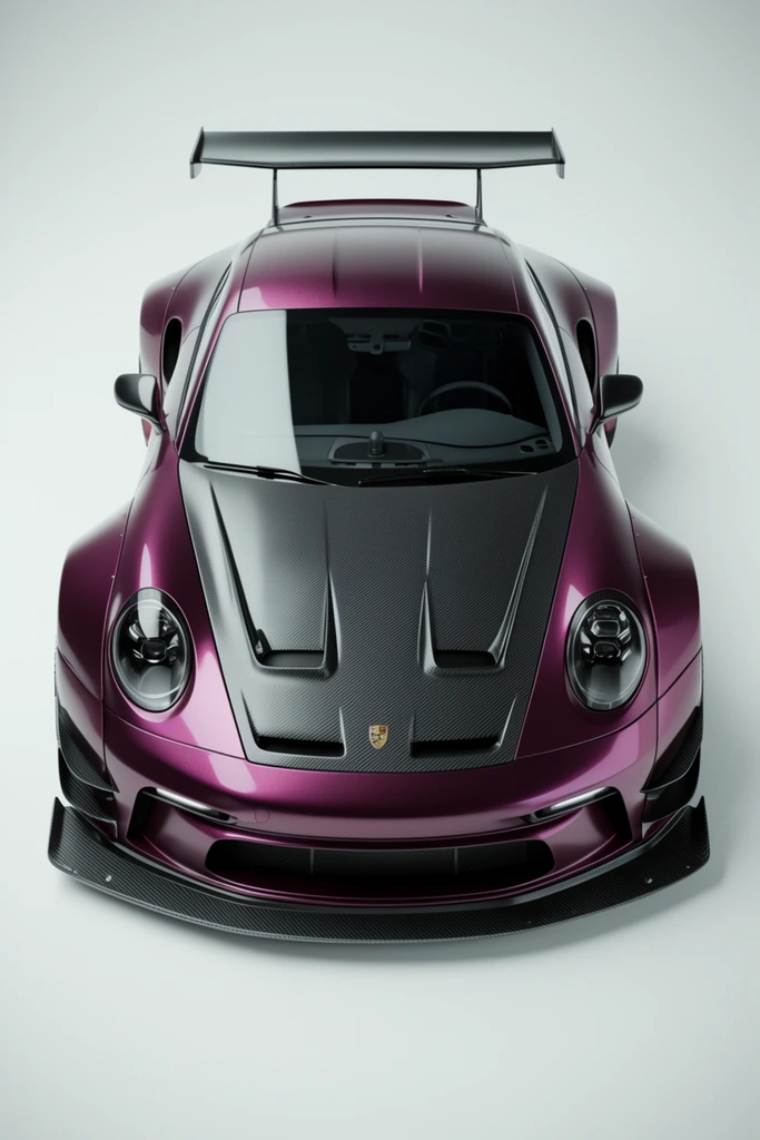 metallic plum wide-body sports car, high-angle front perspective, carbon fiber vented hood, aggressive front splitter, rear wing, plain white studio background, soft lighting