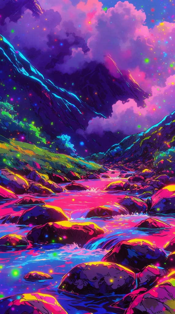 A highly saturated, anime-style neon digital illustration of a rushing river flowing over scattered rocks in a valley between steep mountains covered in thick clouds. The sweeping landscape is rendered in a hyper-vibrant synthwave aesthetic, dominated by vivid hot pink, electric cyan, deep indigo, and luminous neon yellow. The flowing water reflects intense glowing magenta and bright blue hues, swirling around dark, jagged rocks defined by crisp ink-like line art and searing neon yellow and pink rim lighting. The steep mountain ridges rise into a deeply shadowed, violet background, their craggy edges illuminated by striking electric cyan contours. Massive, billowing clouds envelope the peaks, radiating soft, vivid purple and neon pink gradient glows. The entire atmosphere is heavily saturated with floating, glowing neon particle dust and scattered bokeh dots in bright green, blue, and yellow. A prominent chromatic glow, vibrant edge lighting, and dramatic high-contrast shading enhance the highly stylized, expressive linework shaping the vibrant terrain.