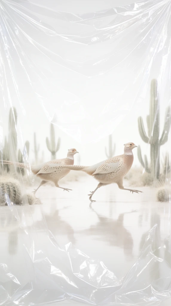 Two pheasants run through a cactus-studded desert landscape viewed through a crinkled layer of highly reflective, translucent plastic wrap. The two birds are captured in mid-stride, their plumage rendered in muted, desaturated tones of pale tan and faint brown. Faint, soft-edged cacti emerge from a stark, overexposed white background. The desert floor is a highly reflective, glossy white surface resembling a slick, polished studio floor, casting distinct reflections of the running birds and the bases of the cacti. The entire composition features a bleached-out, high-key lighting scheme that creates a sterile, ethereal atmosphere. A physical layer of transparent cellophane stretches across the immediate foreground, its sharp, geometric creases catching crisp specular highlights that refract and partially obscure the underlying scene. The soft, hazy rendering of the distant desert elements contrasts sharply with the tactile, hyper-focused creases of the synthetic plastic overlay.