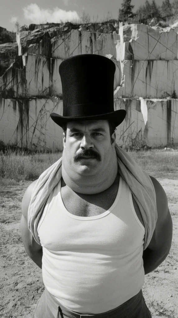 black and white cinematic still of a burly man with an unusually thick neck and strong jaw, dark mustache, tall black top hat, white tank top, cloth draped over shoulders, arms resting behind his back, standing in a barren dirt field, massive sheer quarry rock face with vertical scrape marks in the background, sparse grass, stark high contrast monochrome, bright natural lighting, deep depth of field