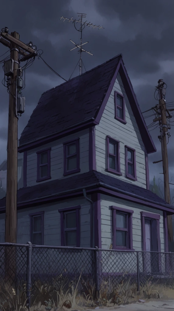Two-story suburban house with pale grey siding and dark purple trim, steep dark shingled gable roof, tall television antenna, wooden utility poles with complex wiring flanking the building, chain-link fence and dry weeds in the foreground, dark moody overcast sky, muted cool palette of greys and purples, 2D animation background art style, gloomy atmospheric lighting, low-angle perspective