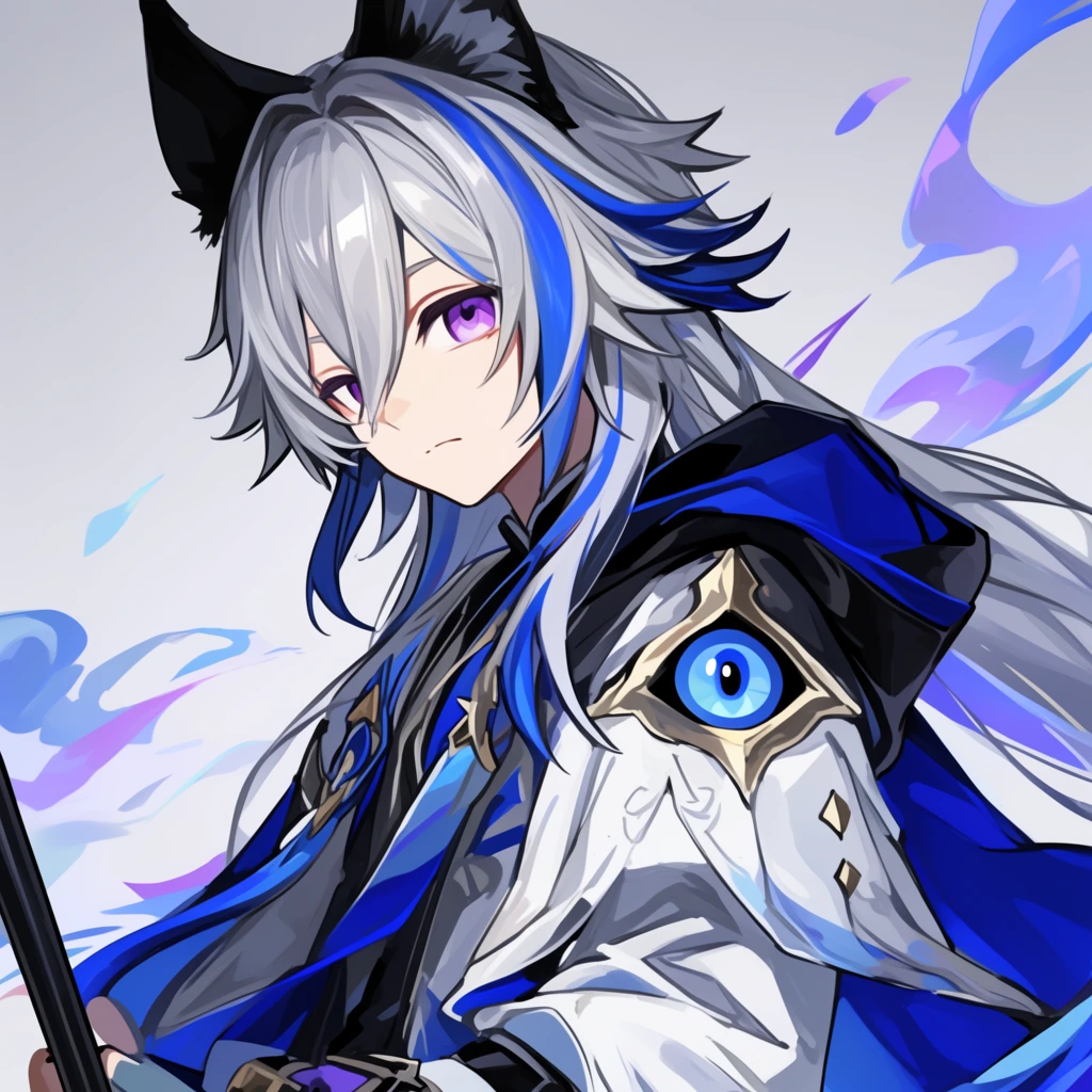 anime youth with silver hair and blue streaks, black animal ears, purple eyes, dramatic pose, layered white blue and black fantasy outfit, eye motif on shoulder, holding dark staff, pale gray background, floating blue and purple wisps, crisp cel shaded rendering
