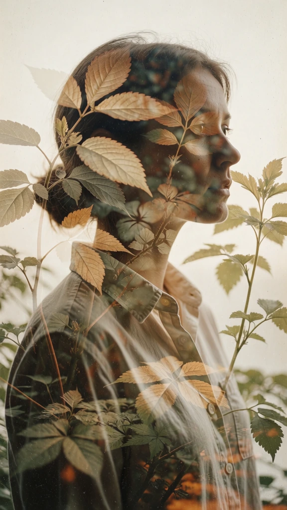 double exposure portrait of a woman in a collared shirt, ethereal moody aesthetic, profile composition, intricate layers of organic plant leaves growing from the bottom framing her face, sepia and burnt orange tones, warm earthy color palette, high-key off-white background, delicate textures, soft natural lighting, film grain, vintage photography style, minimalist and poetic, seamless blending of human and botanical elements, fine detail in leaf veins and textile texture.
