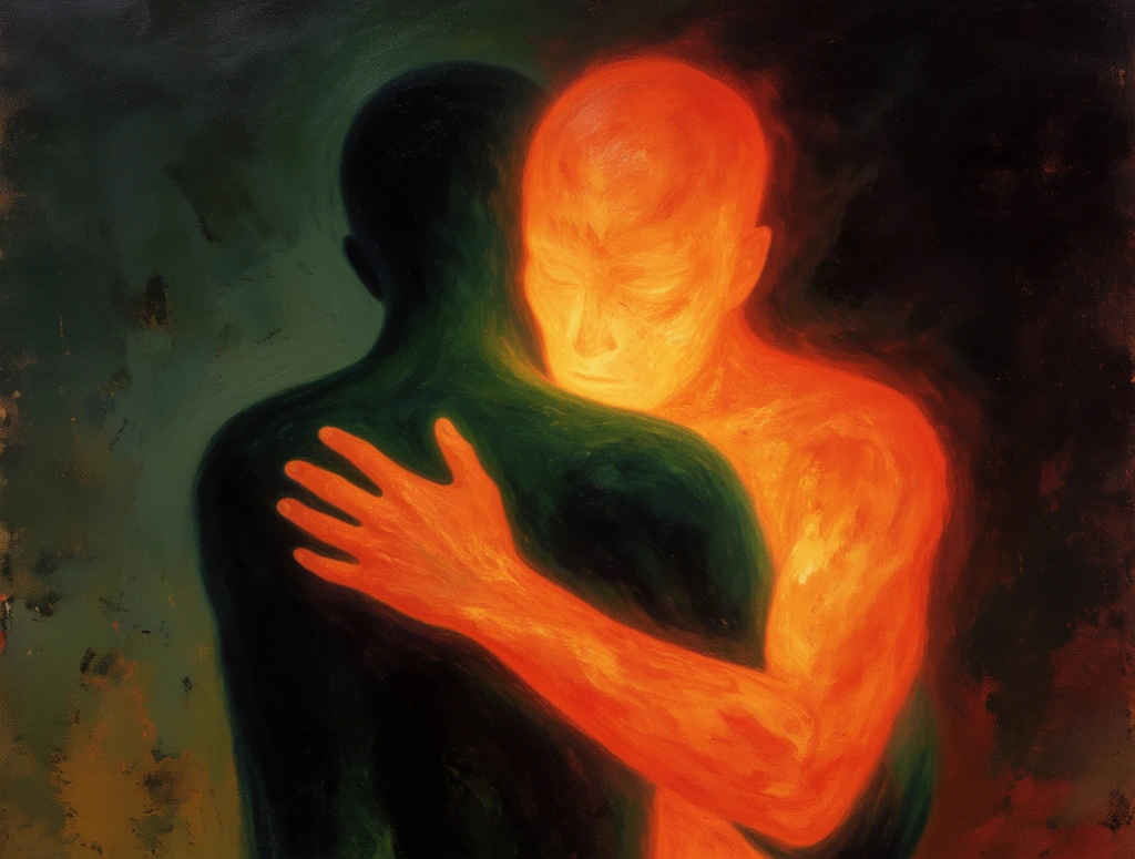 embracing figures, left figure of dark green shadow, right figure of glowing fiery orange light, surreal oil painting, rough canvas texture, stark chiaroscuro, dark moody background