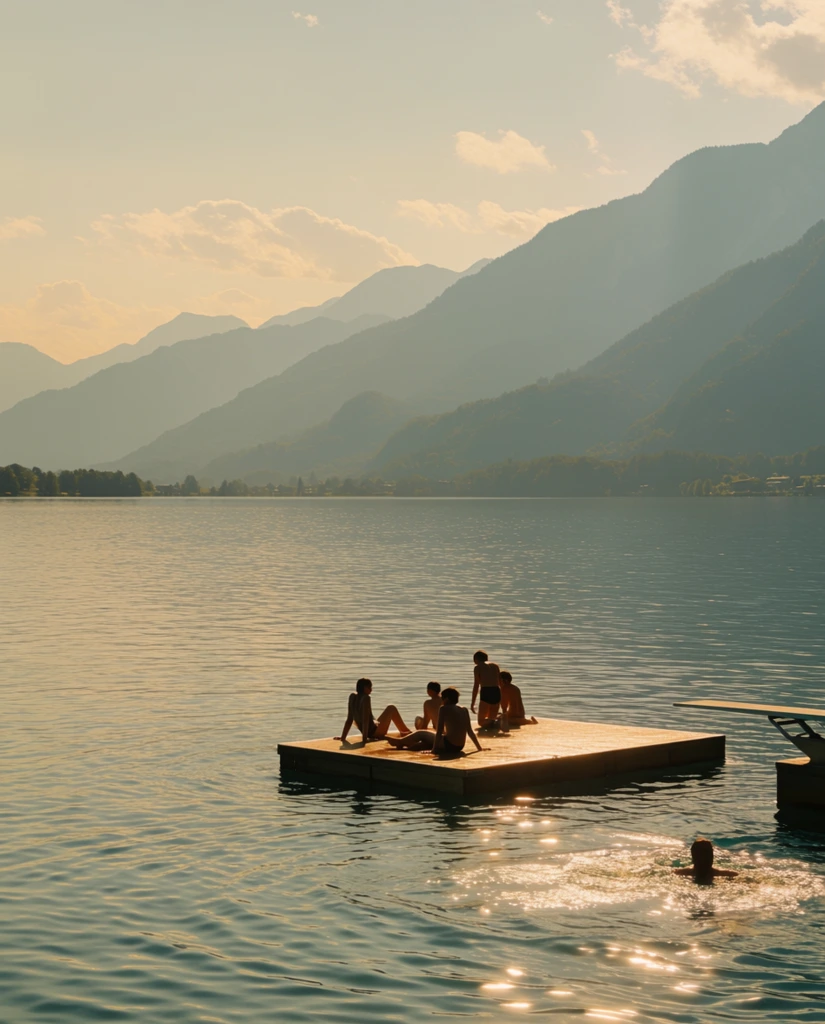 A serene, wide-angle photograph capturing four figures lounging on a floating wooden swimming platform in the middle of a calm lake. The figures, mostly silhouetted against the bright, reflective water, are positioned casually; some are sitting on the edge, while one appears to be standing or kneeling. To the right of the platform, the edge of a diving board extends into the frame. In the lower right corner, the top of a swimmer's head is visible, moving through the rippled, sunlit water. The background is dominated by a majestic, layered mountain range that fades into hazy, bluish-grey tones under a soft, golden-hour sky dotted with light clouds. The overall palette is warm, with golden reflections on the water contrasting against the cooler, muted blues of the distant mountains, creating a tranquil, nostalgic atmosphere.