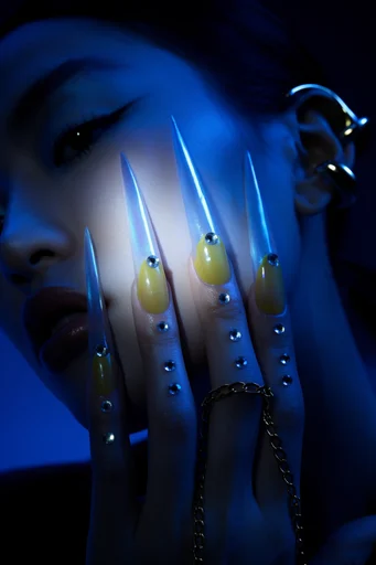 Luminous Cyber Noir style reference image — iridescent holographic textures