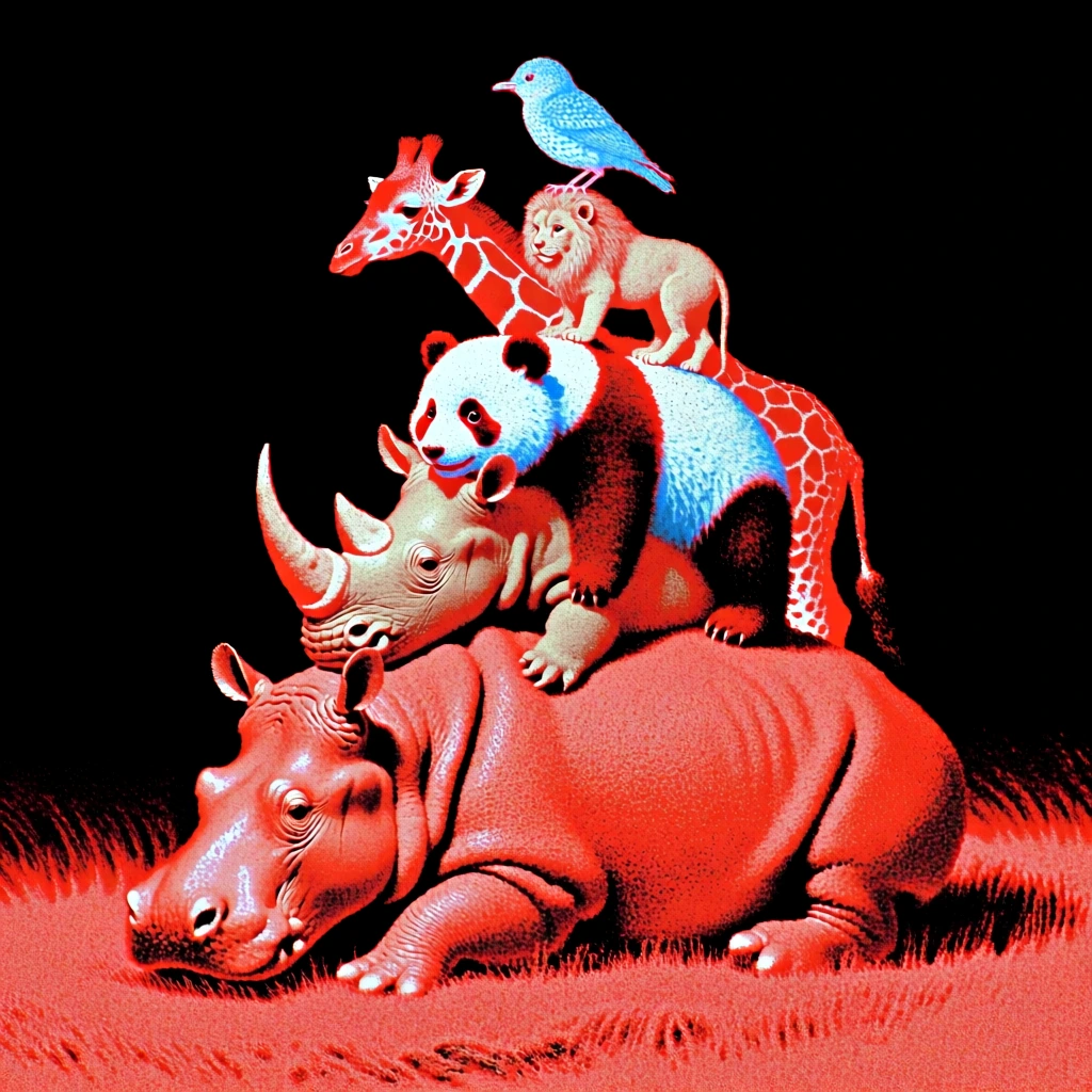 surreal vertical stack of a hippo, rhinoceros, creature, panda-like animal, giraffe, lion, and bird perched on top, resting on grass, high-contrast risograph print style, heavy stippled grain, halftone dithering, bold limited palette of vibrant red, stark white, and electric blue against a deep black background, vintage collage aesthetic, gritty textures, sharp silhouettes, pop art influence, minimalist graphic composition.