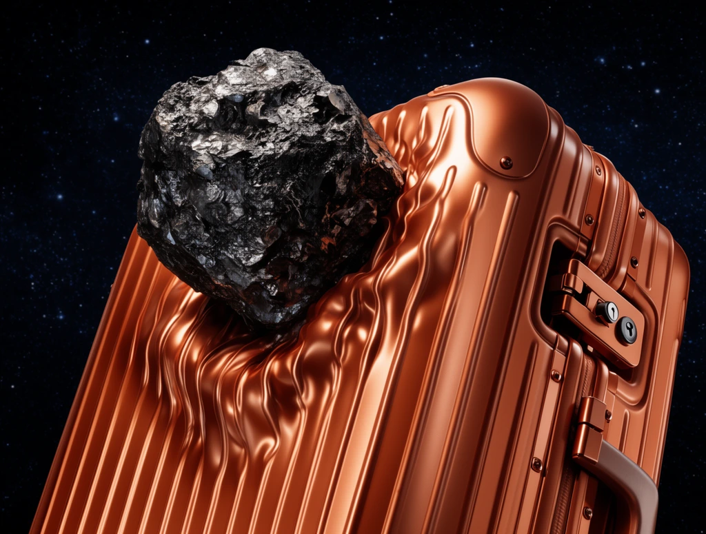 A dark, charred meteorite crushes a glossy, metallic copper hardshell suitcase. The impact warps the luggage's vertical grooves into liquid-like ripples. A heavy-duty latch and lock sit on the right edge. Dramatic lighting highlights the polished copper against a starry space background. High-end surreal product photography.