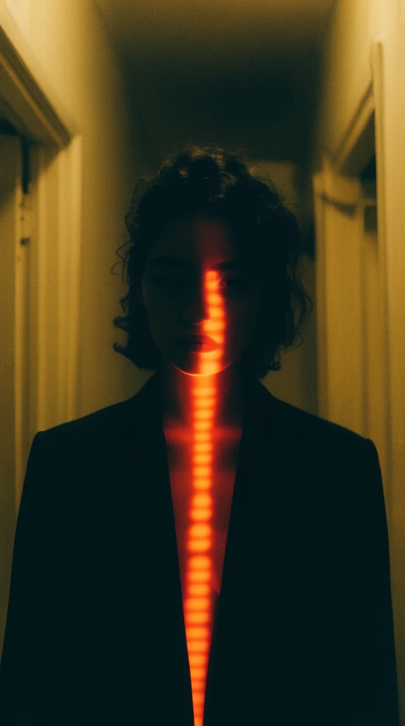 A person in a dark blazer stands in a dim, narrow hallway. A bright, vertical neon-orange light pattern projects down their heavily shadowed face and neck. Muted yellowish walls frame the grainy, high-contrast, cinematic composition.