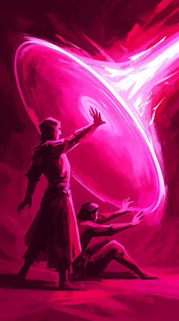 A stylized digital painting in monochromatic magenta hues shows a standing figure projecting a glowing pink, semi-circular energy shield. The barrier blocks a blinding, jagged energy beam striking from the upper right. A second figure sits protected on the ground behind them, reaching forward. The composition features energetic, textured brushstrokes, high contrast lighting, and an abstract dark background highlighting the intense magical clash.