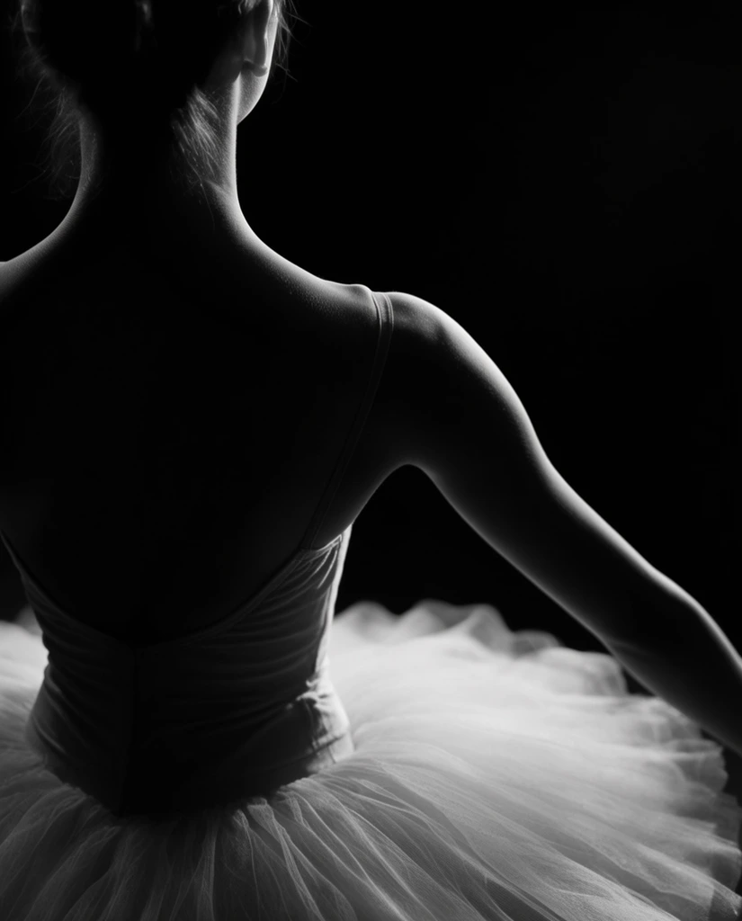 High-contrast black and white photograph of a ballet dancer from behind against a pitch-black void. Dramatic rim lighting traces the elegant curves of her neck, bare shoulder, arched back, and arm. The soft, glowing tulle of her tutu emerges from deep shadows in a tightly cropped, chiaroscuro composition.