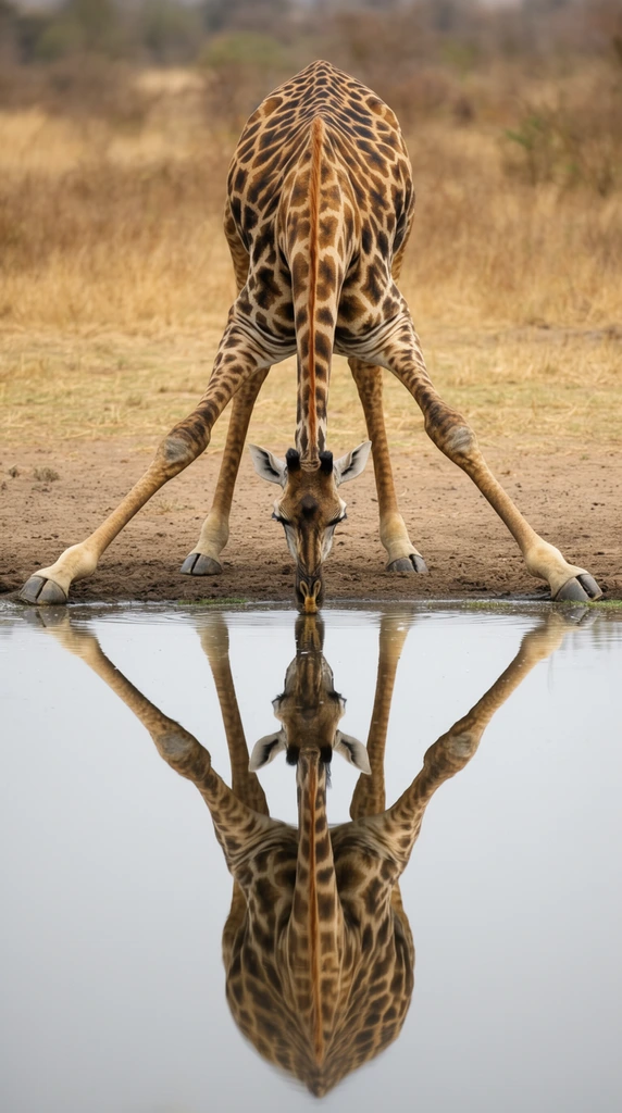 A giraffe bends deeply to drink from a calm body of water, creating a pristine mirrored reflection. The animal's front legs are widely splayed in a sharp V-shape, supporting its long neck as its dark snout touches the glassy surface. Its patterned coat features rich brown spots over a light tan base. The silvery-grey water captures an immaculate inverted duplicate of the creature, establishing striking horizontal symmetry. A softly blurred background of dry, golden-brown savanna landscape under diffused natural daylight frames the sharply focused earthy wildlife scene.
