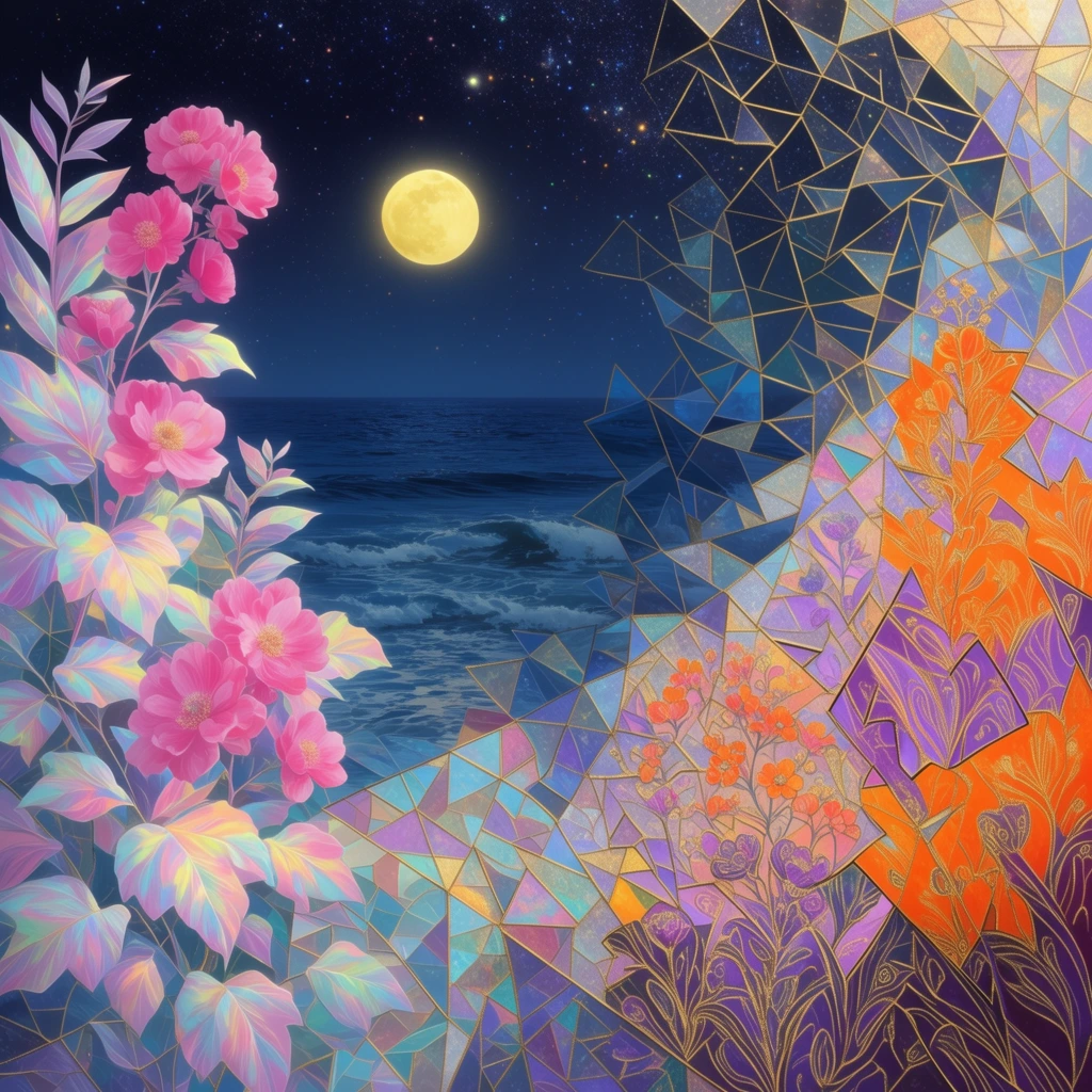 surreal coastal night landscape, vibrant pink flowers and iridescent pastel leaves on the left, geometric mosaic overlay, stained glass effect fracturing the image into sharp triangular facets, deep blue ocean, glowing yellow full moon, starry night sky, right side fragmented into bright orange and purple geometric flora, intricate gold linework outlining angular shapes, ethereal lighting, dreamlike digital illustration