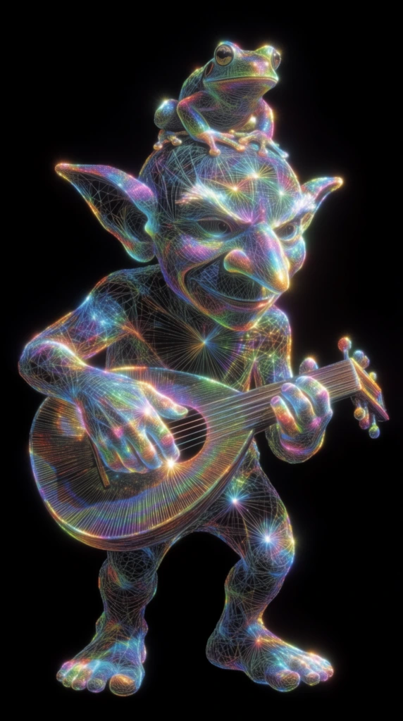A goblin playing a wooden lute with a frog resting on its head, rendered entirely as a luminous wireframe structure made of fine, iridescent threads against a pure pitch-black void. The entire composition—the hunched goblin, the teardrop-shaped lute, and the crouched frog—is constructed from dense, taut, radiating lines of spectral light. These delicate, interlocking filaments form intricate geometric webs and concentric circular bursts, displaying an intense diffraction grating effect with vivid rainbow gradients of cyan, magenta, acid green, royal blue, and fiery gold. Brilliant, star-like specular highlights glitter at the countless intersecting nodes of the structural web, simulating laser-etched holographic projections or long-exposure light painting. The absolute black background maximizes the high-contrast chromatic aberration and the ethereal, electric luminosity of the prismatic string-art subjects.
