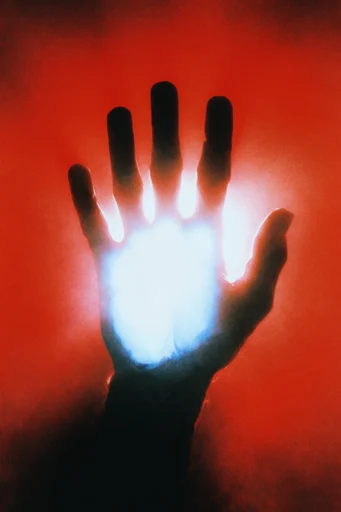 Crimson Thermal Noir style reference image — heavy film grain