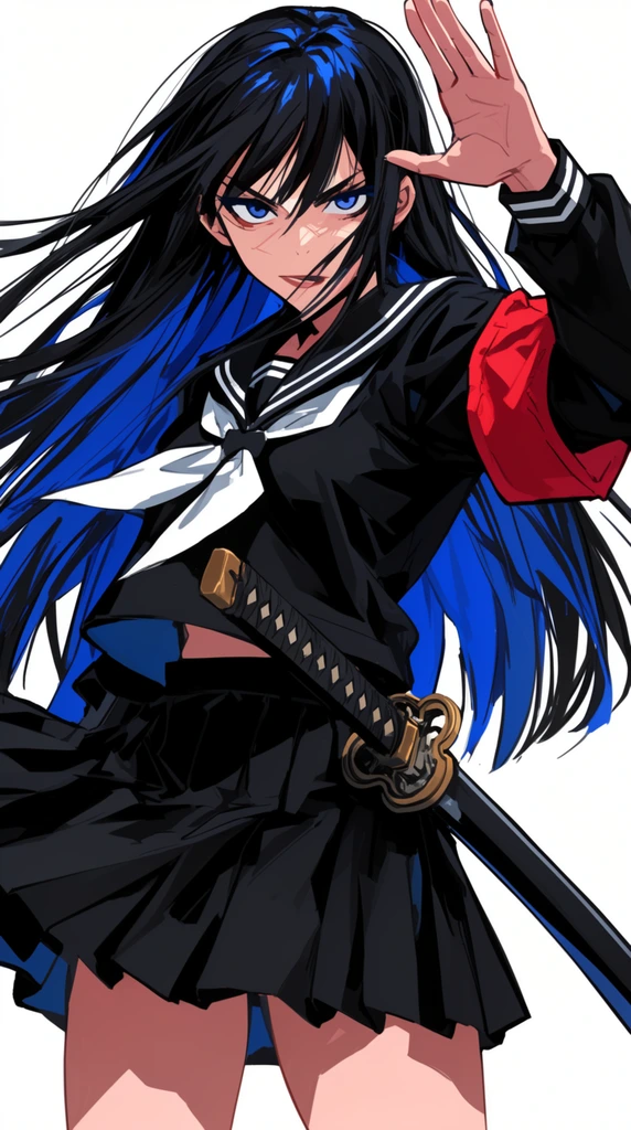 fierce anime girl, long black hair with blue highlights, black sailor uniform, red armband, raised open palm, katana sword at waist, dynamic angle, sharp cel-shaded illustration, white background