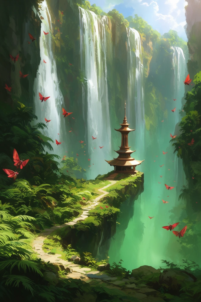 Colossal waterfalls cascade down a towering jungle cliff into a misty jade abyss. A sleek bronze pagoda sits on a jutting rocky spur in the foreground, surrounded by winding paths and lush ferns. Flocks of crimson-winged moths circle the sunlit gorge. Rendered in a vibrant, painterly concept art style with luminous atmospheric depth and majestic scale.