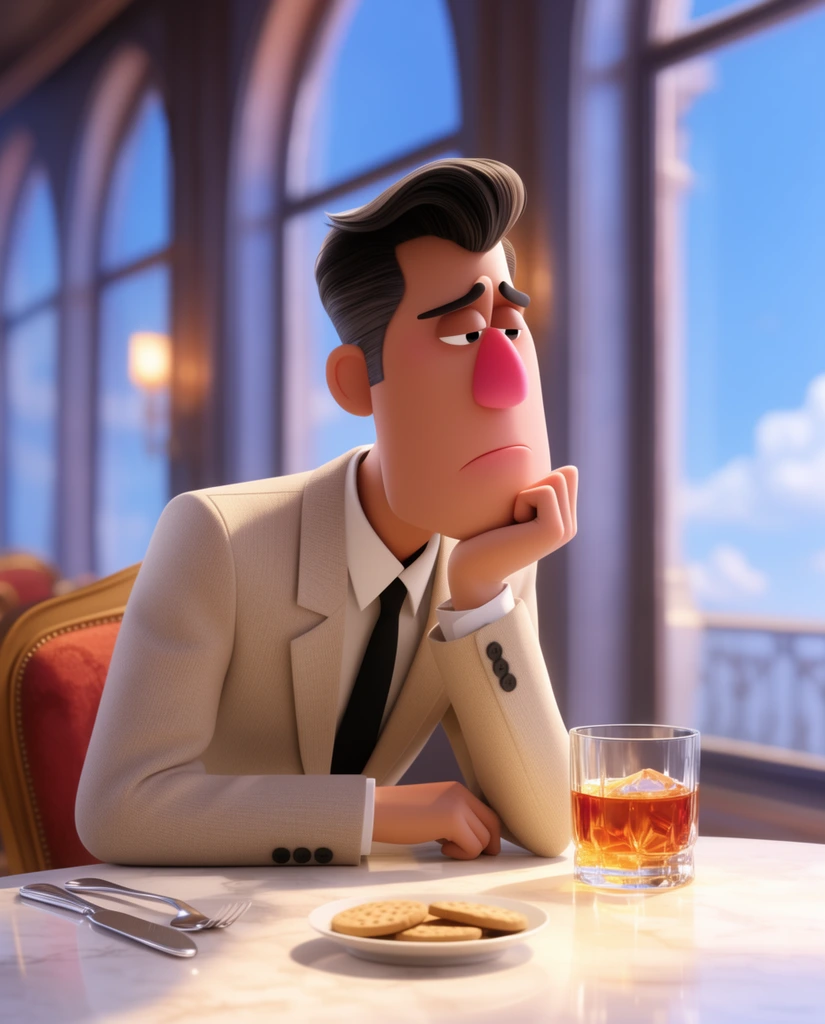 A stylized 3D animated man with a boxy face and prominent pink nose sits melancholic at a brightly lit table. Wearing a beige suit and black tie, he rests his chin on his hand, gazing out large arched windows at a blue sky. A glass of amber liquid, biscuits, and silverware sit on the marble table under soft cinematic lighting.
