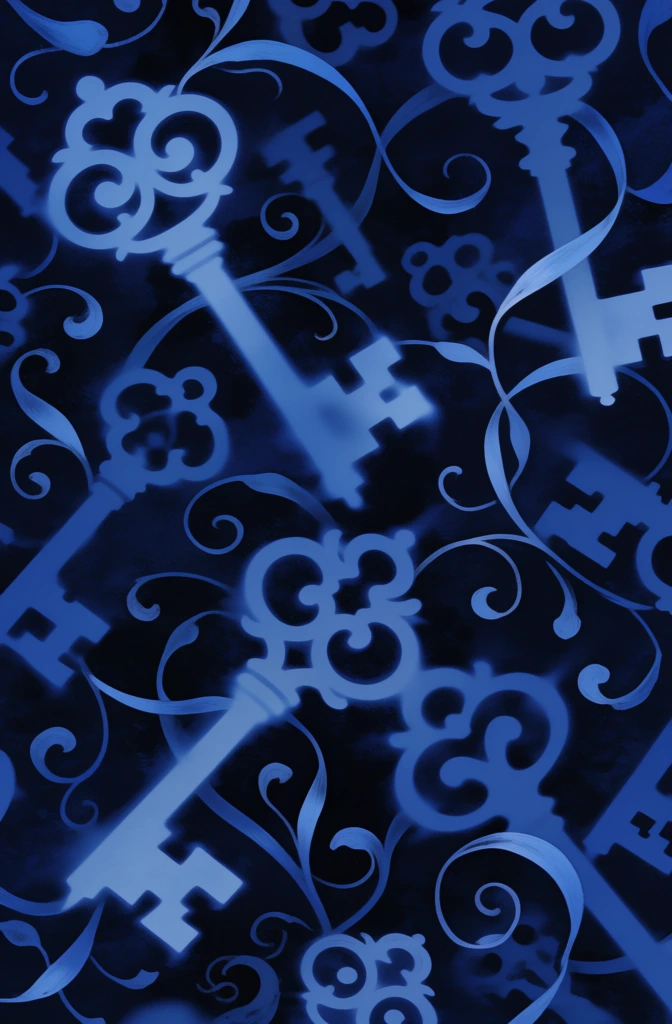 dense pattern of ornate antique keys, scrolling filigree vines, and flowing thin ribbons interwoven in an overlapping layout, rendered in a monochromatic cobalt blue palette with a heavy stippled liquid speckle effect, soft-focus airbrushed gradients, high-contrast film grain, diffuse edges mimicking ink dispersion on textured paper, blurred silhouettes, organic fluid motion, tactile risograph-inspired stippling, and atmospheric depth.