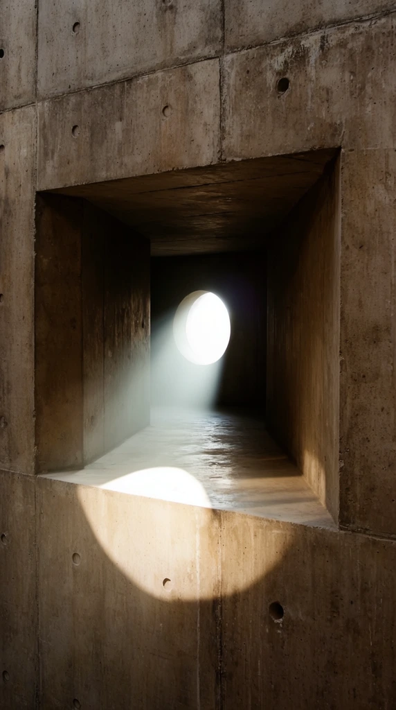 A deep rectangular recess pierces a thick concrete wall, forming a geometric tunnel illuminated by a glowing circular aperture at the far end. The weathered brownish-grey exterior features brutalist formwork seams and round tie holes. Intense white light beams through the distant hole, reflecting off the smooth interior floor and spilling outward to create a sharp, semicircular pool of bright light on the wall immediately below the opening. The architectural photography emphasizes heavy materiality, deep perspective, and dramatic high-contrast lighting.