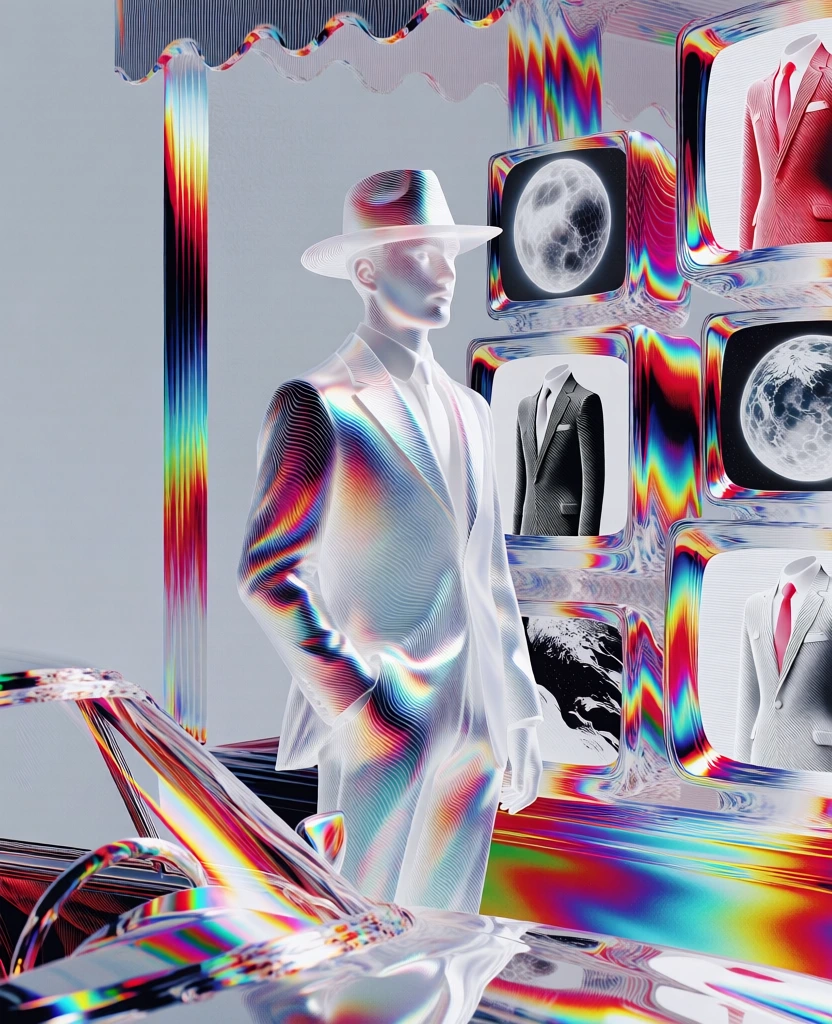translucent pearlescent 3d scene of a man in a hat and suit by a store window with televisions showing suits and large images of the moon and earth, foreground car fragments, all rendered with fine topographic moiré ridge patterns, intense spectral chromatic aberration, fluid refractive glass textures, high-frequency iridescent dispersion, oil-slick color fringes, minimalist high-key lighting, neutral grey background, digital generative aesthetic, liquid crystalline materiality