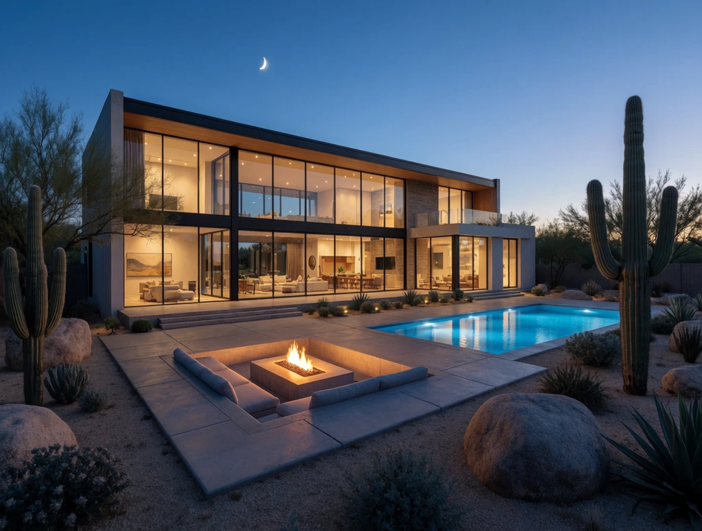 Modern two-story house at dusk, floor-to-ceiling glass windows glowing with warm interior light, illuminated rectangular swimming pool, concrete patio with sunken fire pit, desert landscaping with saguaro cacti and boulders, twilight blue sky with crescent moon, architectural photography, cool exterior and warm interior contrast