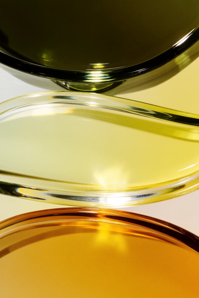 abstract macro photography of overlapping curved glass rims, three translucent horizontal layers, dark olive green, pale luminous yellow, warm amber, thick clear edges, bright specular highlights, light refraction, glossy texture, subtle film grain