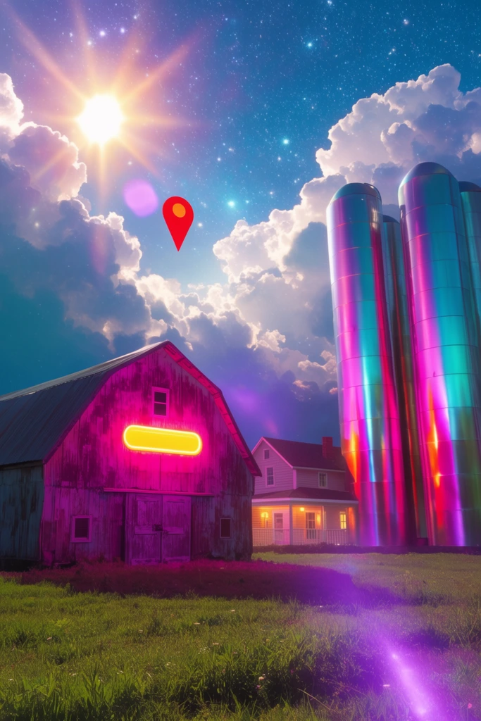 futuristic rural farmscape, rustic barn bathed in neon magenta light with a glowing yellow neon fixture, towering metallic silos reflecting vibrant pink and cyan gradients, floating red teardrop marker, lit farmhouse, grassy field, bright sun bursting through clouds in a starry sky, purple lens flare, synthwave aesthetic